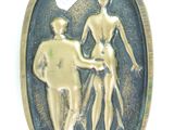 an image of a bronze plaque depicting a man and a woman