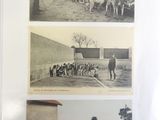 plusieurs photos en noir et blanc montrant un groupe de personnes devant un bâtiment
