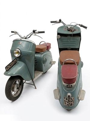 two scooters sitting side by side on a white surface