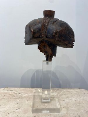 a helmet on display in a glass case on a table