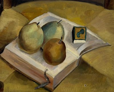 un tableau représentant deux poires et un livre posés sur une table