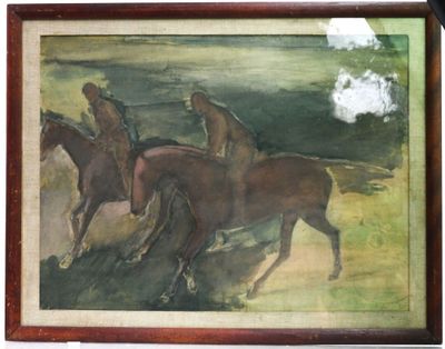 un tableau représentant trois hommes à cheval sur la plage