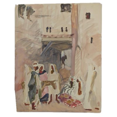 une image représentant un tableau où l'on voit un groupe de personnes devant un bâtiment