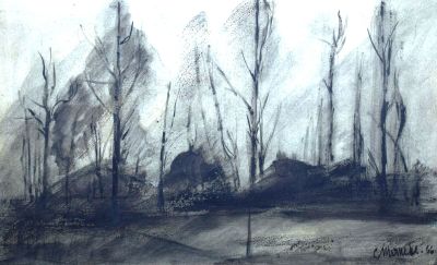 dessin représentant un paysage en noir et blanc avec des arbres au premier plan