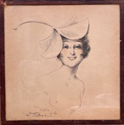drawing of a woman with a large hat on her head
