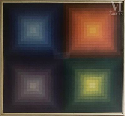 a painting of four squares of different colors in a white frame