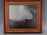 a picture of a painting of a cow in a field
