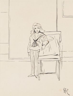 drawing of a woman sitting in a chair with a hat on her head