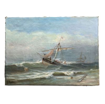 peinture représentant un navire sur une mer agitée, avec le ciel en arrière-plan