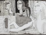 dessin représentant une femme assise devant un miroir, tandis qu'une autre femme se regarde dans ce miroir