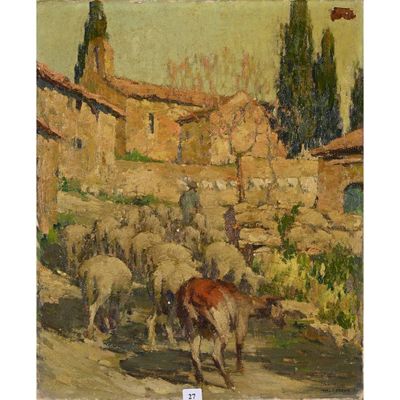une image représentant un tableau où l'on voit un troupeau de moutons devant un village