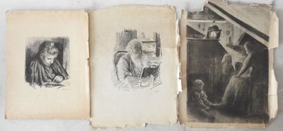 two old books with drawings of people and a dog on them