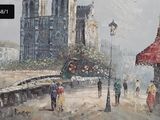 a painting of people walking down a street with umbrellas