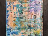 une peinture représentant une peinture, sur fond noir, avec des couleurs bleues, orange et jaunes
