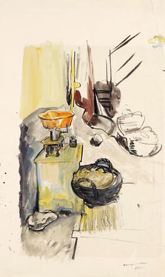 drawing of a table with a bowl of food on it and a plate of food on the table