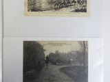 two black and white photos of horses and people on a dirt road