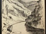 drawing of a landscape with a river and mountains in the background