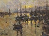 une peinture représentant une scène portuaire avec des bateaux dans l'eau