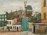 une peinture à l'huile d'une scène de rue avec des bâtiments et une tour d'horloge