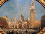 painting of a painting of a city square with a clock tower in the background