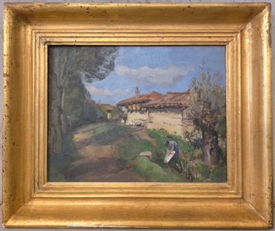 une image d'un tableau représentant une scène de ferme dans un cadre doré
