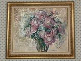 a painting of pink flowers in a vase on a wall