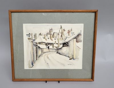 framed watercolor painting of a street scene with buildings in the background