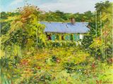 an oil painting of a house in a field of flowers