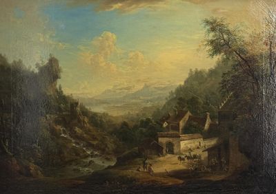 painting of a landscape with a village and a river in the foreground