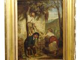 an oil painting of a man and a woman picking grapes from a tree
