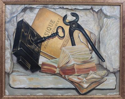a painting of a pair of scissors on a pile of books