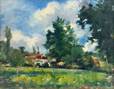une peinture à l'huile représentant un champ avec des arbres et une maison au loin