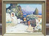 an oil painting of a painting of a mountain scene with a horse drawn carriage