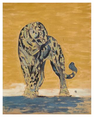 an image of a painting of a tiger standing on a beach