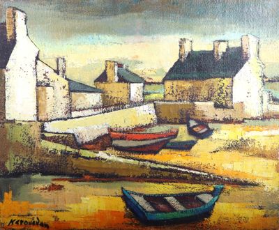 une peinture de bateaux sur la plage près d'un bâtiment