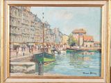 tableau représentant une scène de port avec des bateaux à l'eau et des personnes marchant sur le quai