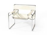 a white chair with a metal frame and a leather seat