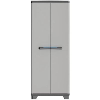 une armoire blanche à deux portes avec une poignée bleue
