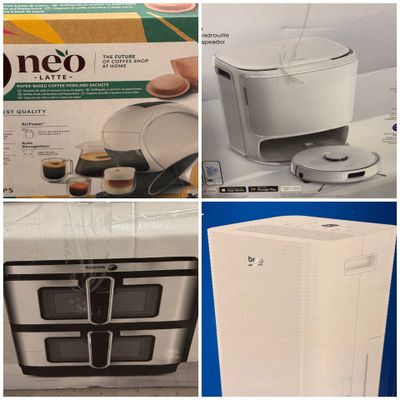 four different pictures of a coffee maker and a box of coffee
