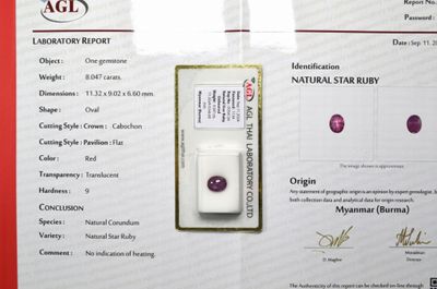 certificat pour un rubis étoilé naturel délivré par la société « Natural Star Ruby »