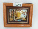 an oil painting of a stream in a wooded area with trees