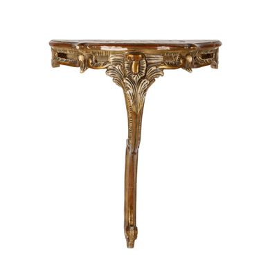 a gold console table with a marble top on a white background