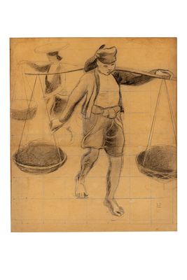 pencil drawing of a man holding a balance scale and a dog