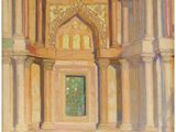 an oil painting of a building with a green door and a shadow on the ground
