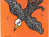 an image of a black and white bird flying over an orange background