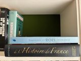 books are stacked on a shelf in a bookcase with a green wall