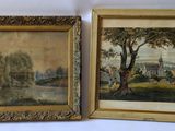 two framed paintings of a landscape with a river and a castle