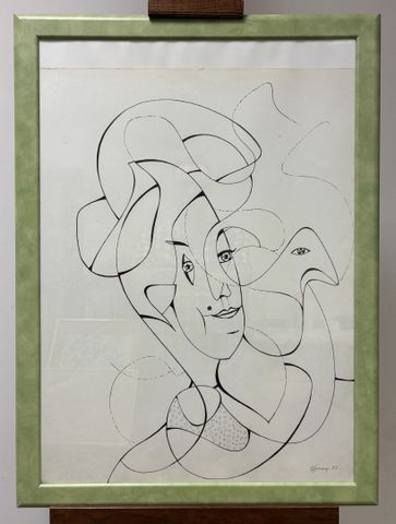 Lucien FERRAND (1914-2013). « Portrait stylisé ». Encre sur papie