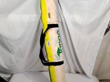 a yellow and white bag with a tennis racket in it