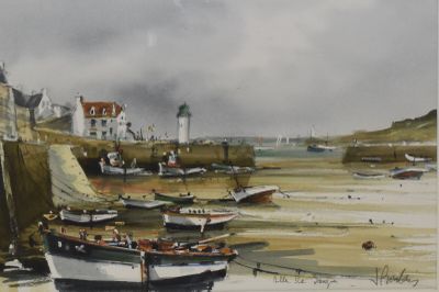 J. BOULAIS, "BELLE-ILE-en MER, le port de SAUZON", aquarelle… - Photo 1